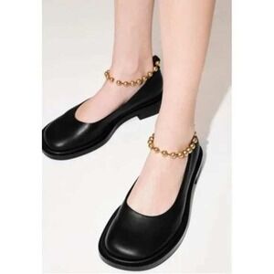 Charles & Keith Beaded Ankle-Strap Leather Ballerina Black Flats New Size 10